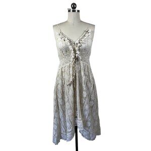 Y2K Crochet Lace Dress Womens S/M Ivory Gold Tassle Sleeveless Cottage Fairy Boh